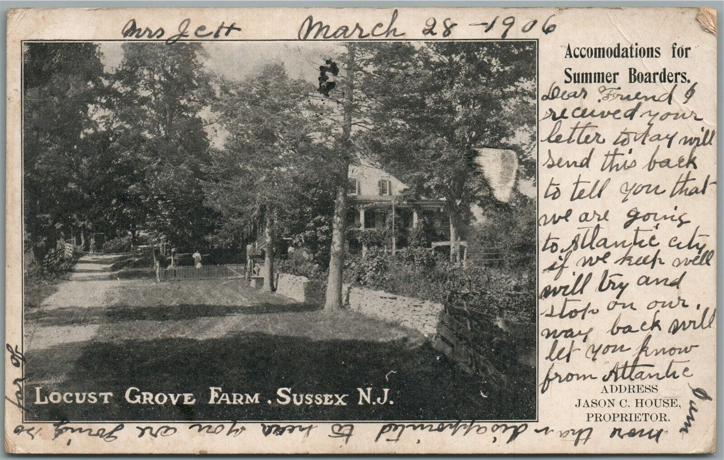 SUSSEX NJ LOCUST GROVE ANTIQUE POSTCARD