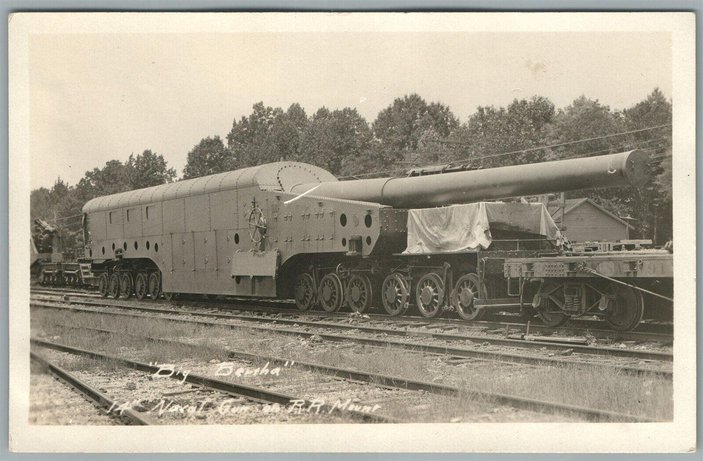 BIG BERTHA GUN on RAILROAD PLATFORM WWI ERA ANTIQUE REAL PHOTO POSTCARD RPPC