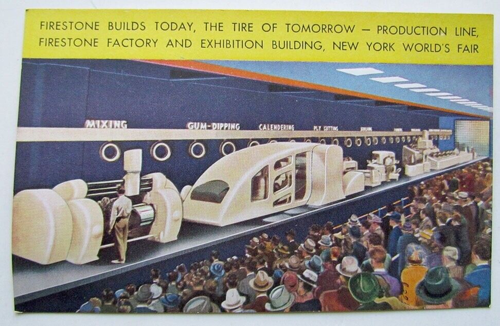 VINTAGE 1939 POSTCARD FIRESTONE CHAMPION TIRE PRODUCTION - NEW YORK WORLD'S FAIR
