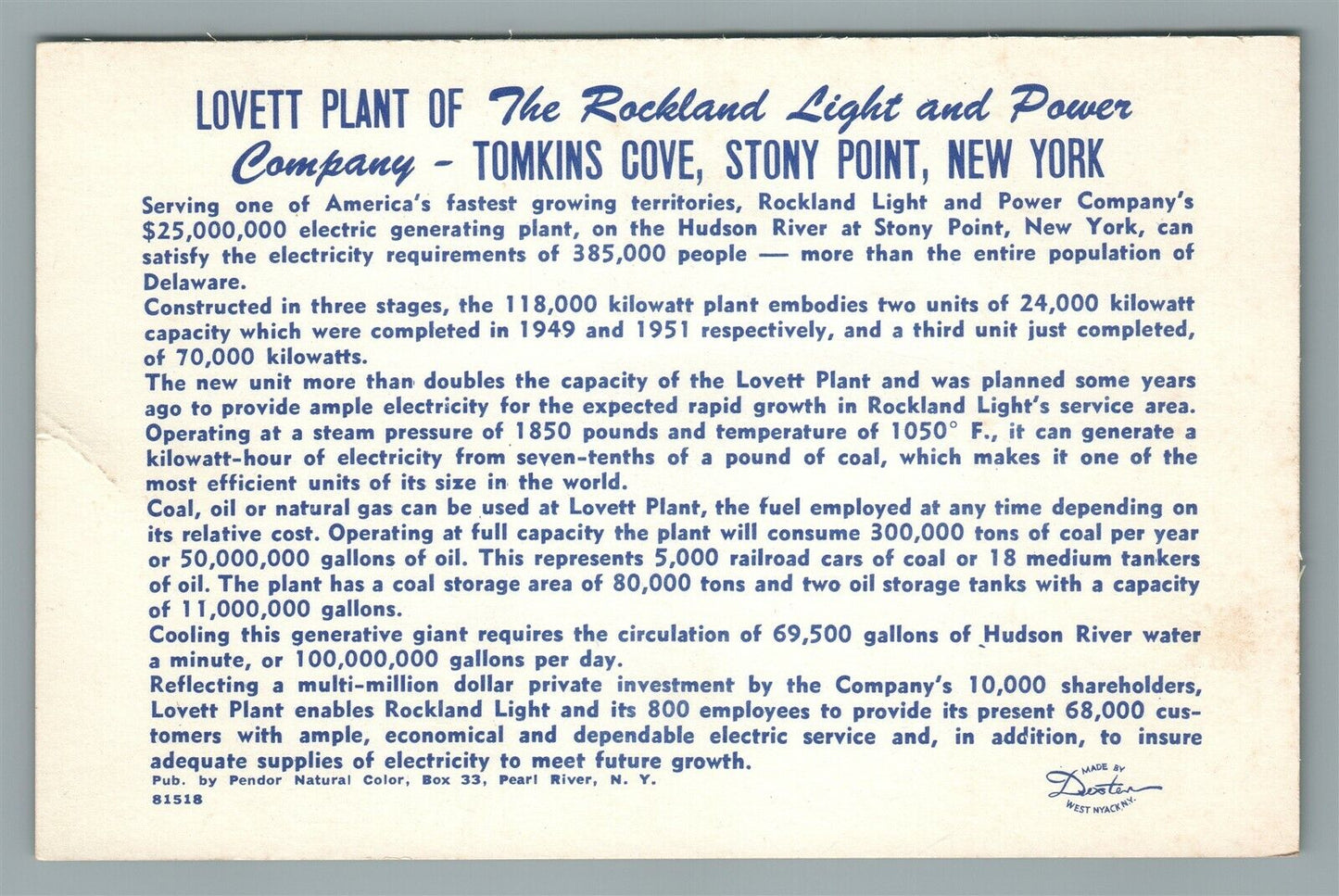 STONY POINT NY LOVETT PLANT of ROCKLAND LIGHT & POWER VINTAGE POSTCARD
