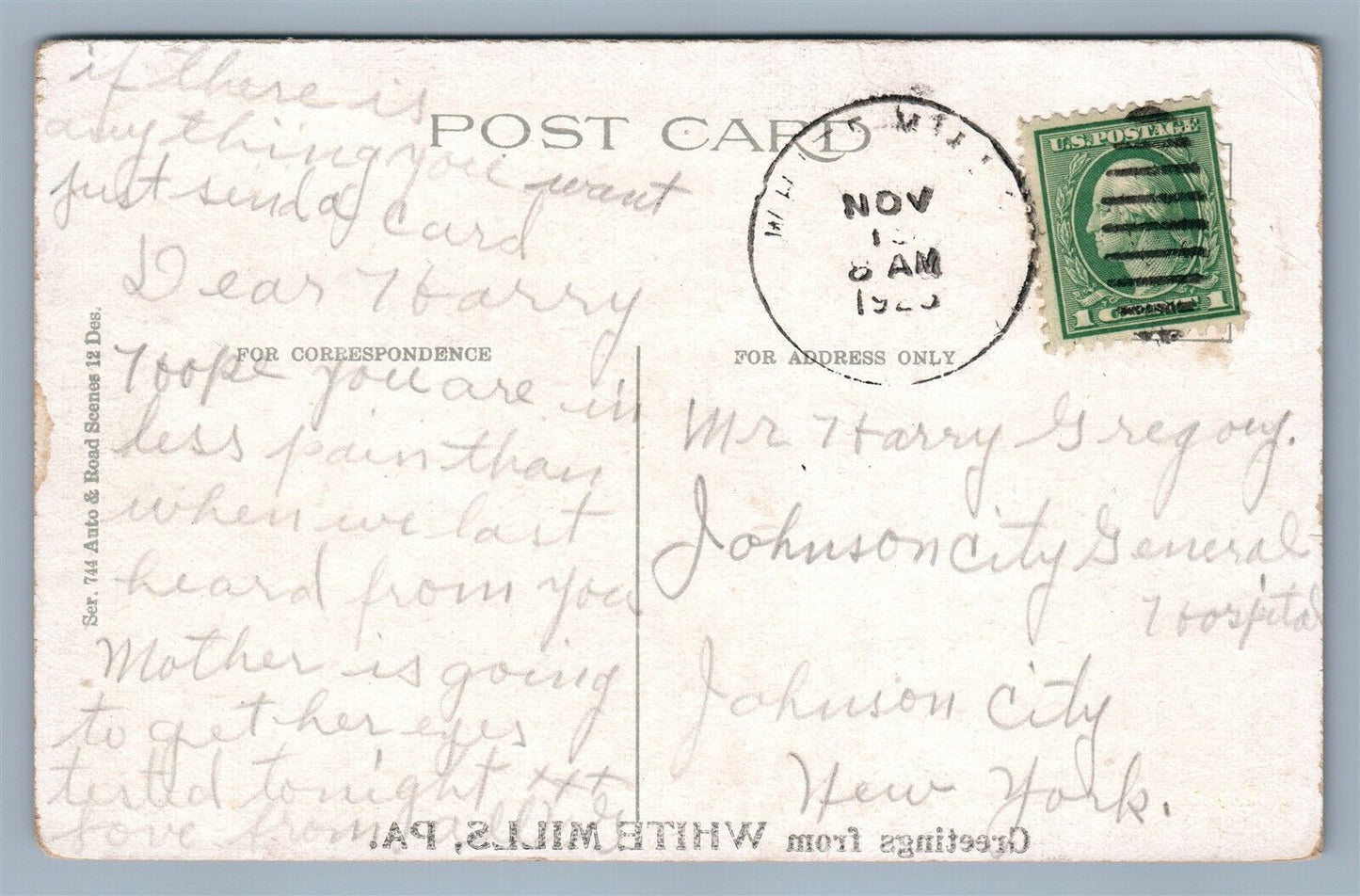 WHITE MILLS PA 1926 ANTIQUE POSTCARD