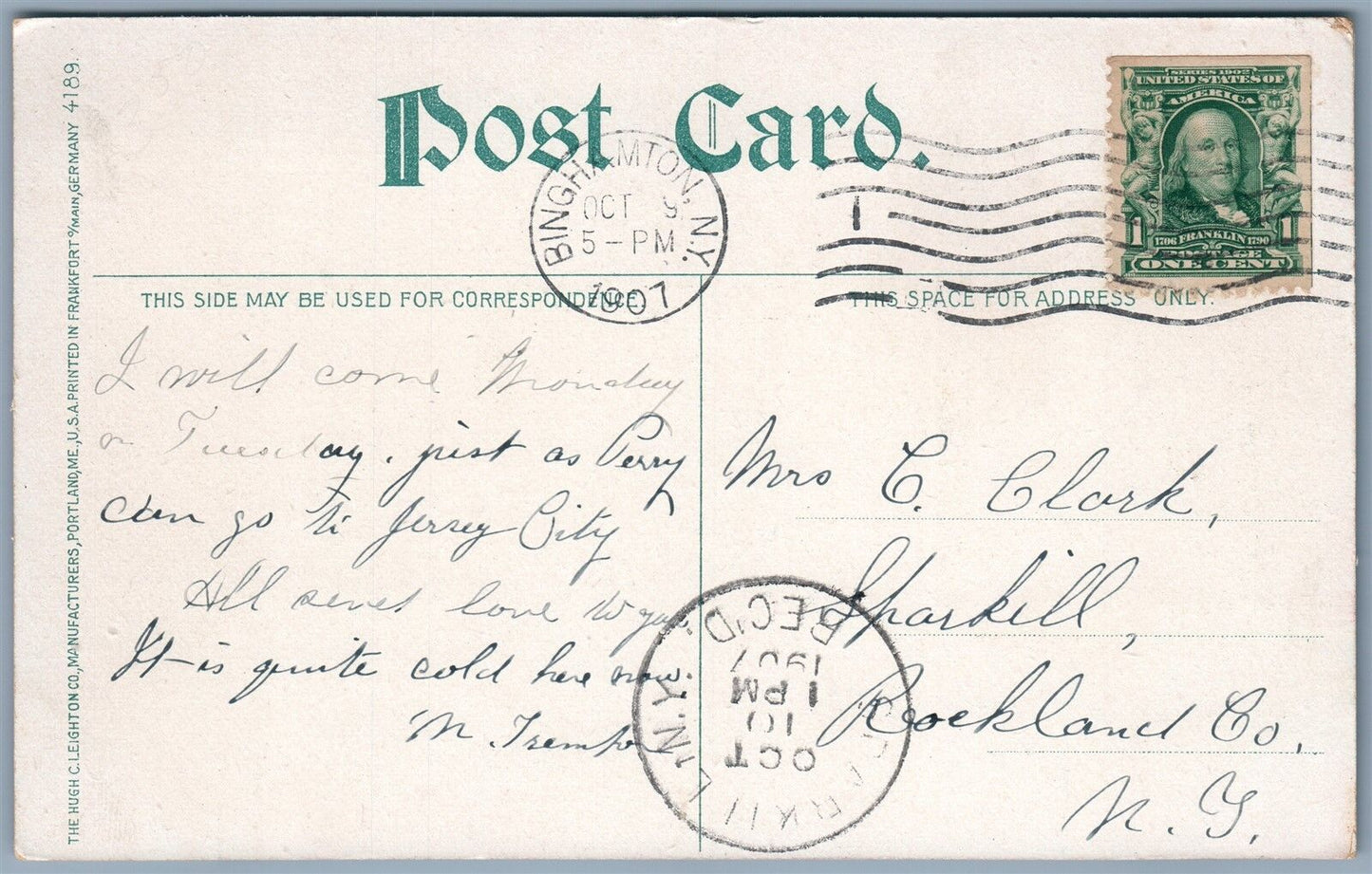 BINGHAMPTON NY RIVERSIDE DRIVE 1907 ANTIQUE POSTCARD