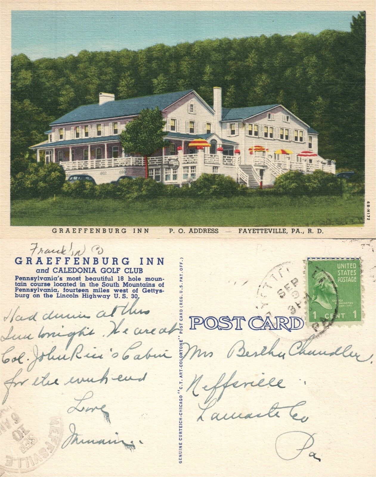 FAYETTEVILLE PA GRAEFFENBURG INN HOTEL & CALEDONIA GOLF CLUB VINTAGE POSTCARD