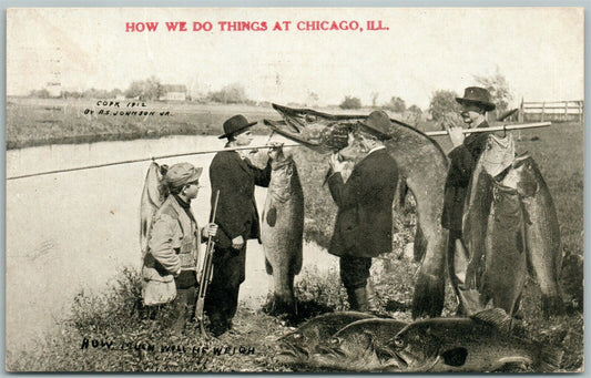 CHICAGO IL FISHING EXAGGERATED 1917 ANTIQUE POSTCARD