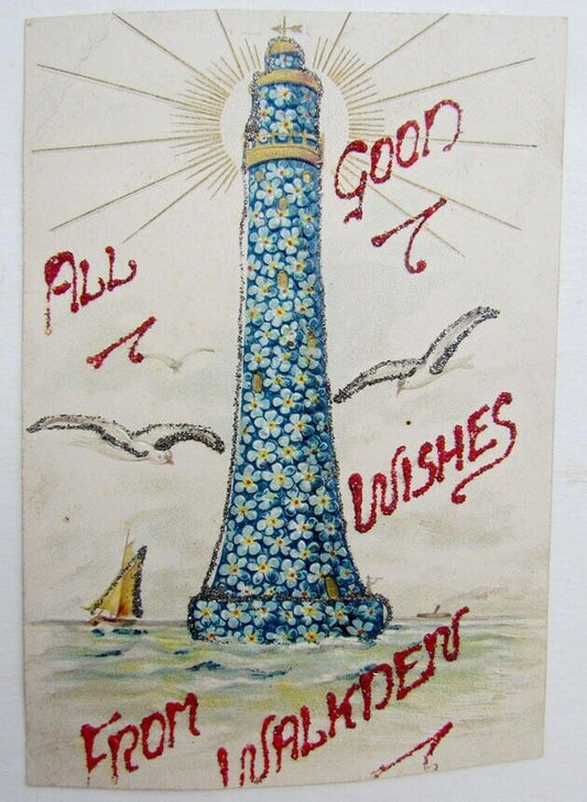 VINTAGE BRITISH EMBOSSED HAND PAINTED POSTCARD WALKDEN GOOD WISHES w/ LIGHTHOUSE