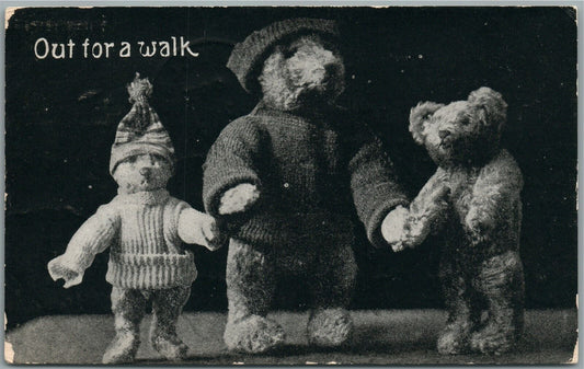 TOY BEARS OUT FOR WALK ANTIQUE POSTCARD