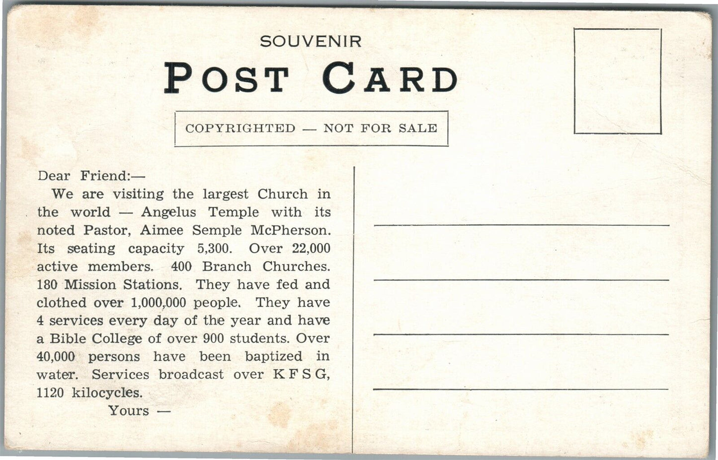 LOS ANGELES CA ANGELUS TEMPLE ANTIQUE POSTCARD