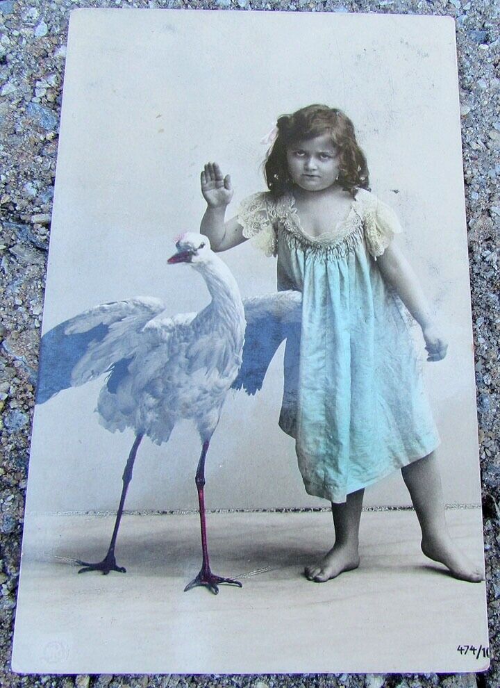 1908 VINTAGE POSTCARD - GIRL w/ HERON SENT TO RUSSIA