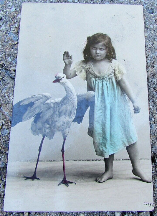 1908 VINTAGE POSTCARD - GIRL w/ HERON SENT TO RUSSIA