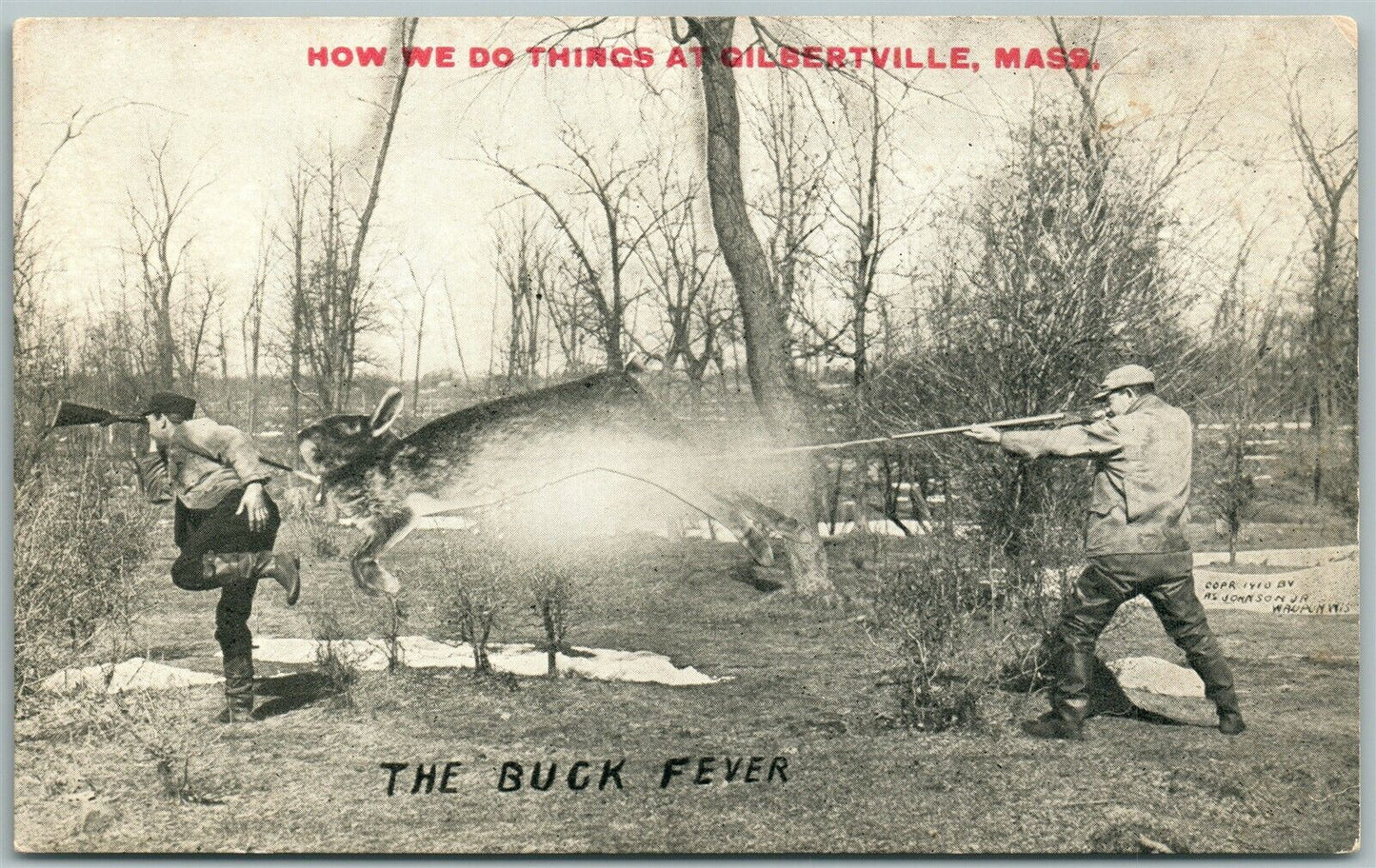 GILBERTVILLE MA HUNTING RABBIT EXAGGERATED ANTIQUE POSTCARD