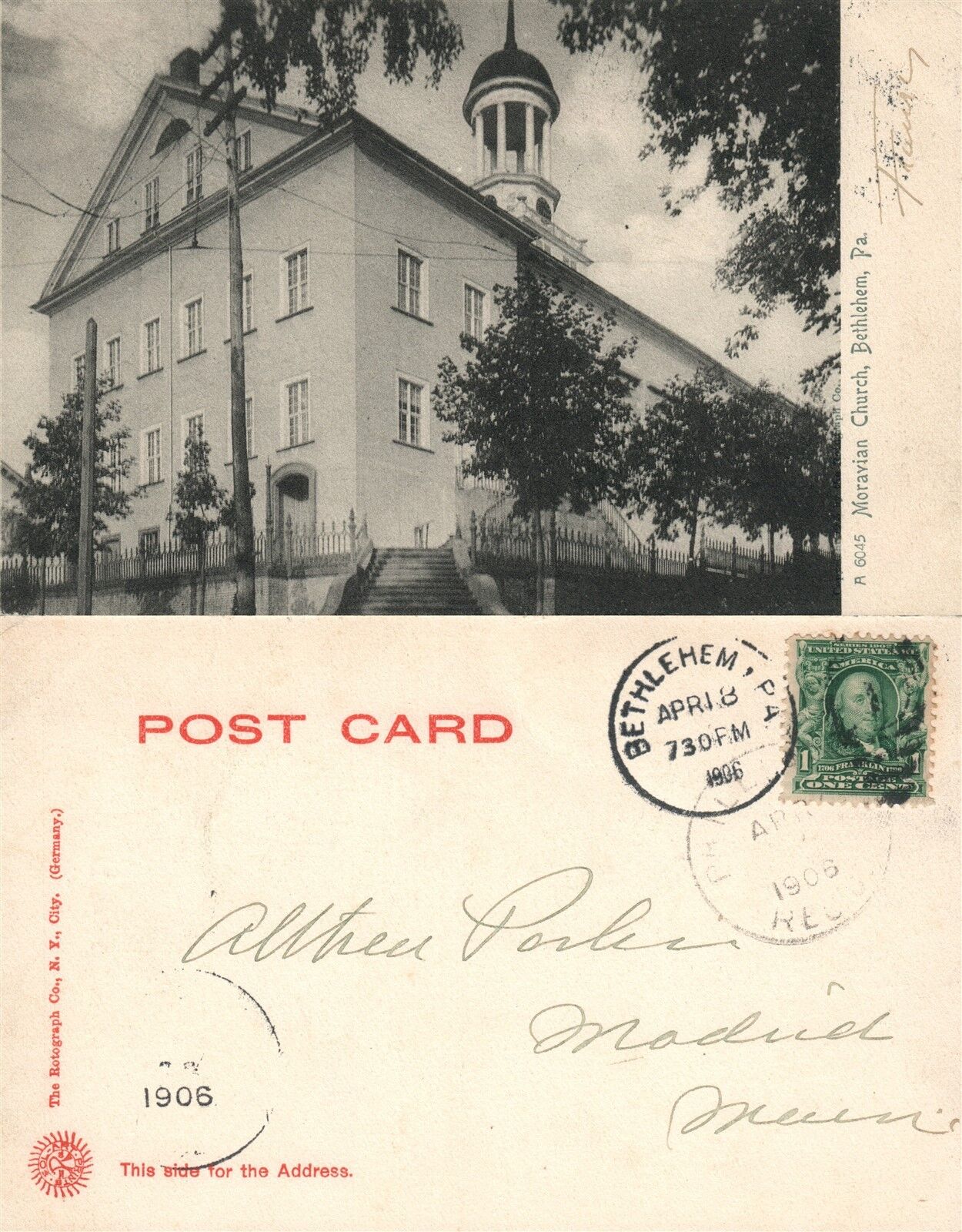BETHLEHEM PA MORAVIAN CHURCH 1906 UNDIVIDED ANTIQUE POSTCARD w/ CORK CANCEL