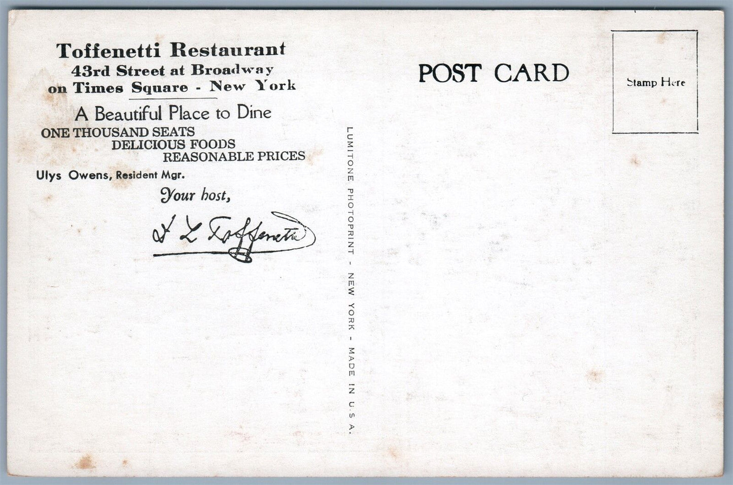 NEW YORK CITY NY BROADWAY TOFFENETTI RESTAURANT ADVERTISING ANTIQUE POSTCARD