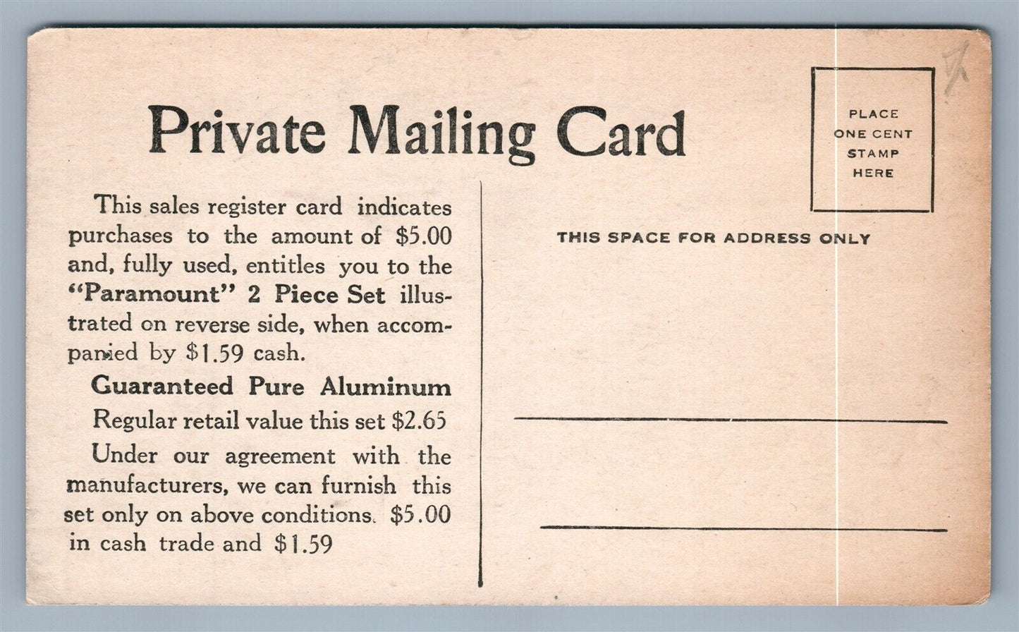 PARAMOUNT ALUMINUM KETTLES ADVERTISING ANTIQUE POSTCARD PRIVATE MAILING