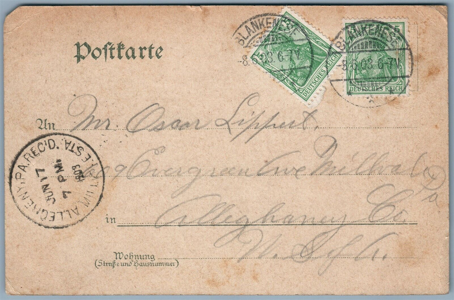 GRUSS AUS SULLBERG GERMANY Blankenese Hamburg 1903 ANTIQUE POSTCARD w/ STAMPS