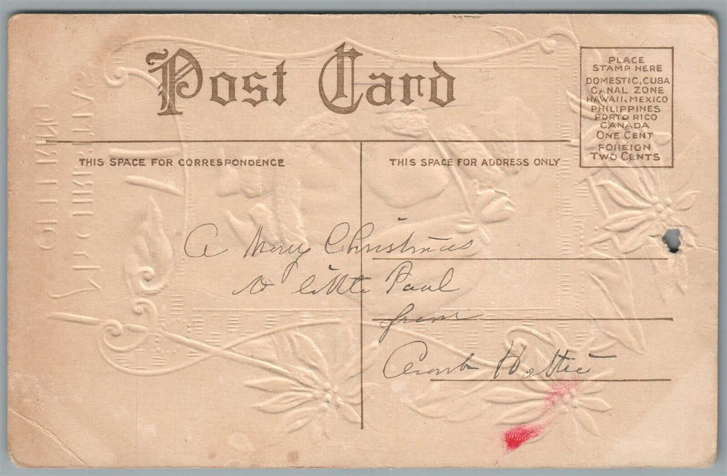 MY CHRISTMAS OFFERING ANTIQUE EMBOSSED POSTCARD