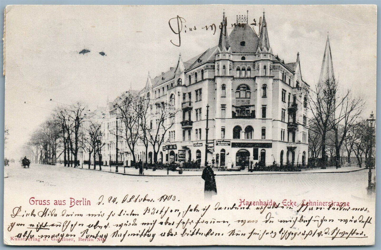 GRUSS AUS BERLIN GERMANY HASENHAIDE ECKE LEHNINERSTRASSE 1908 ANTIQUE POSTCARD
