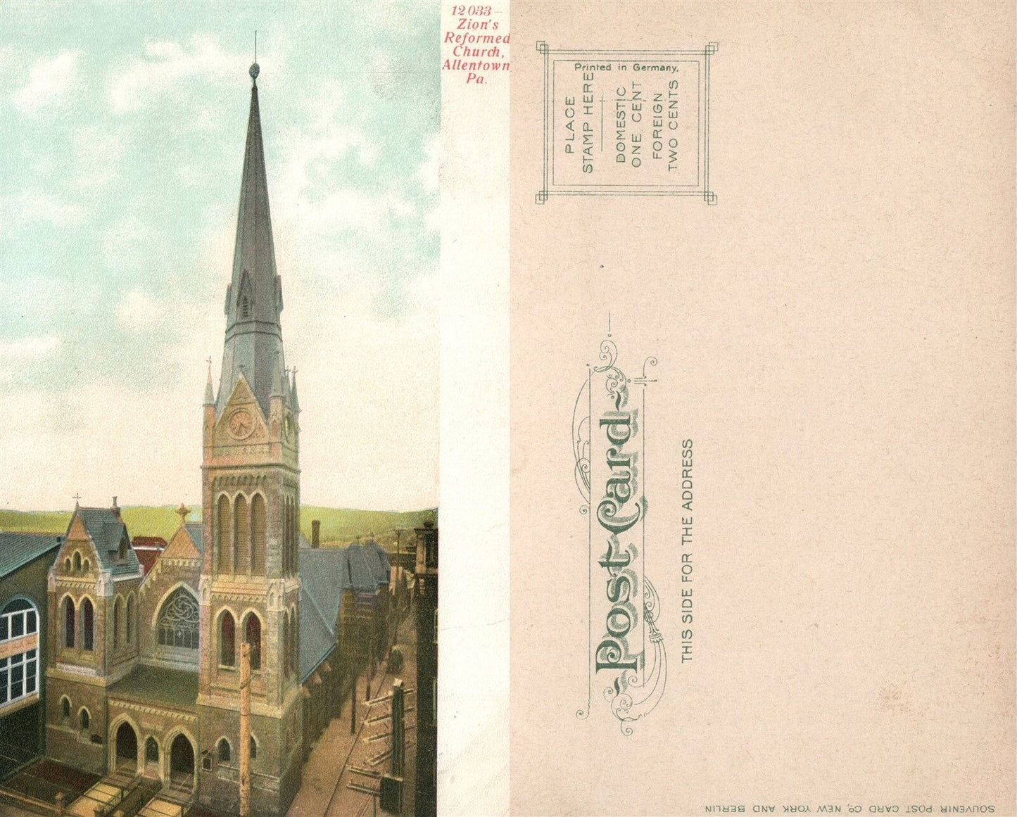 ALLENTOWN PA ZION'S REFORMED CHURCH UNDIVIDED ANTIQUE POSTCARD