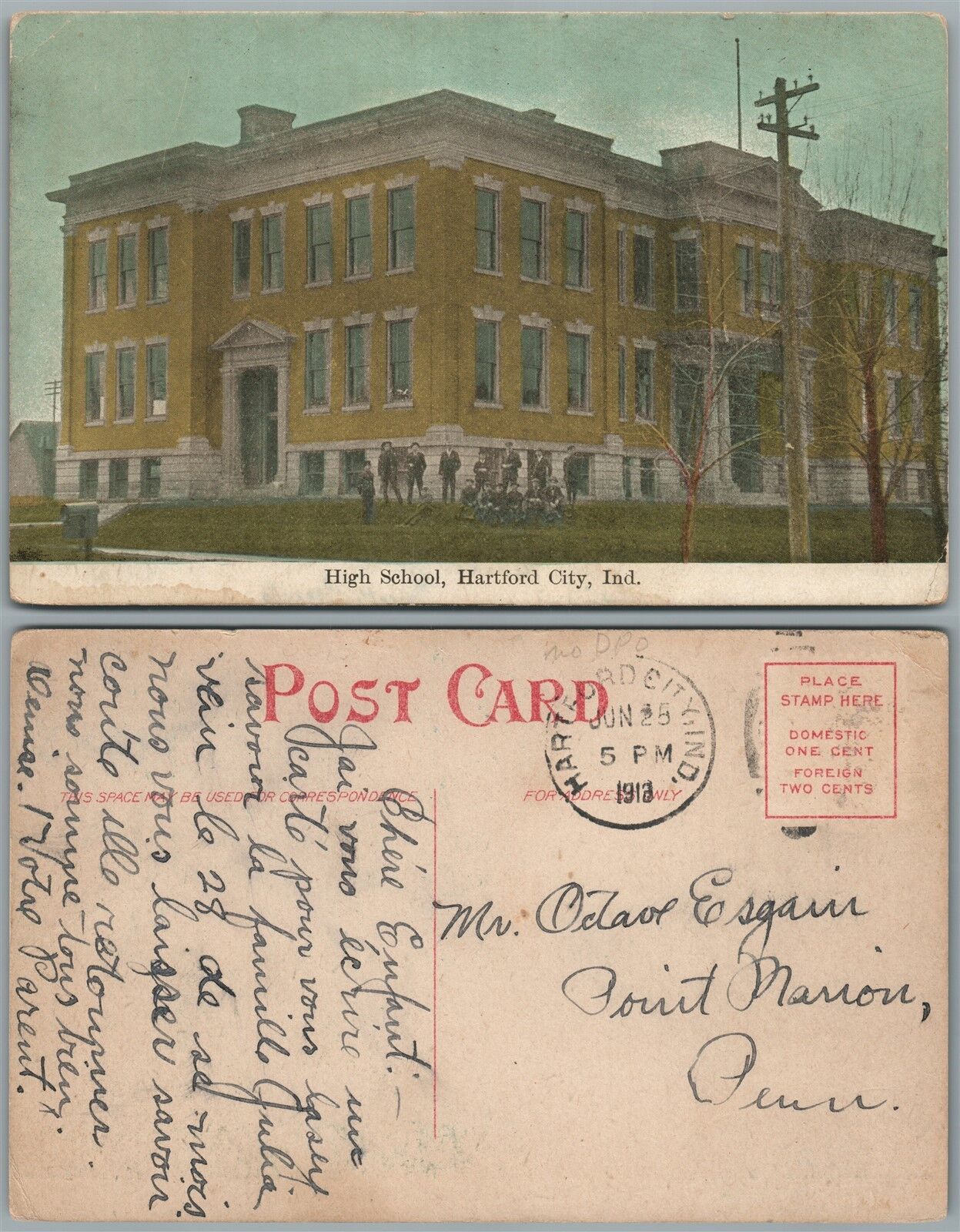 HARTFORD CITY INDIANA HIGH SCHOOL 1913 ANTIQUE POSTCARD