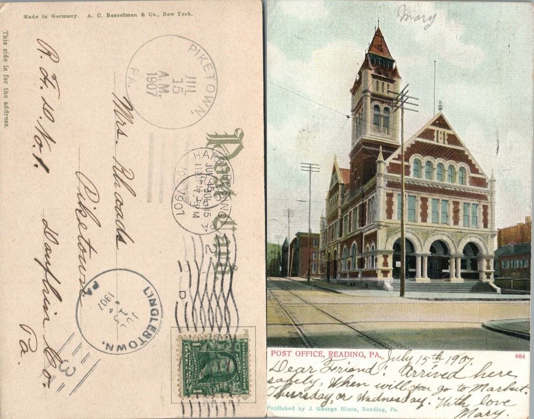 ANTIQUE 1907 POSTCARD POST OFFICE READING PA