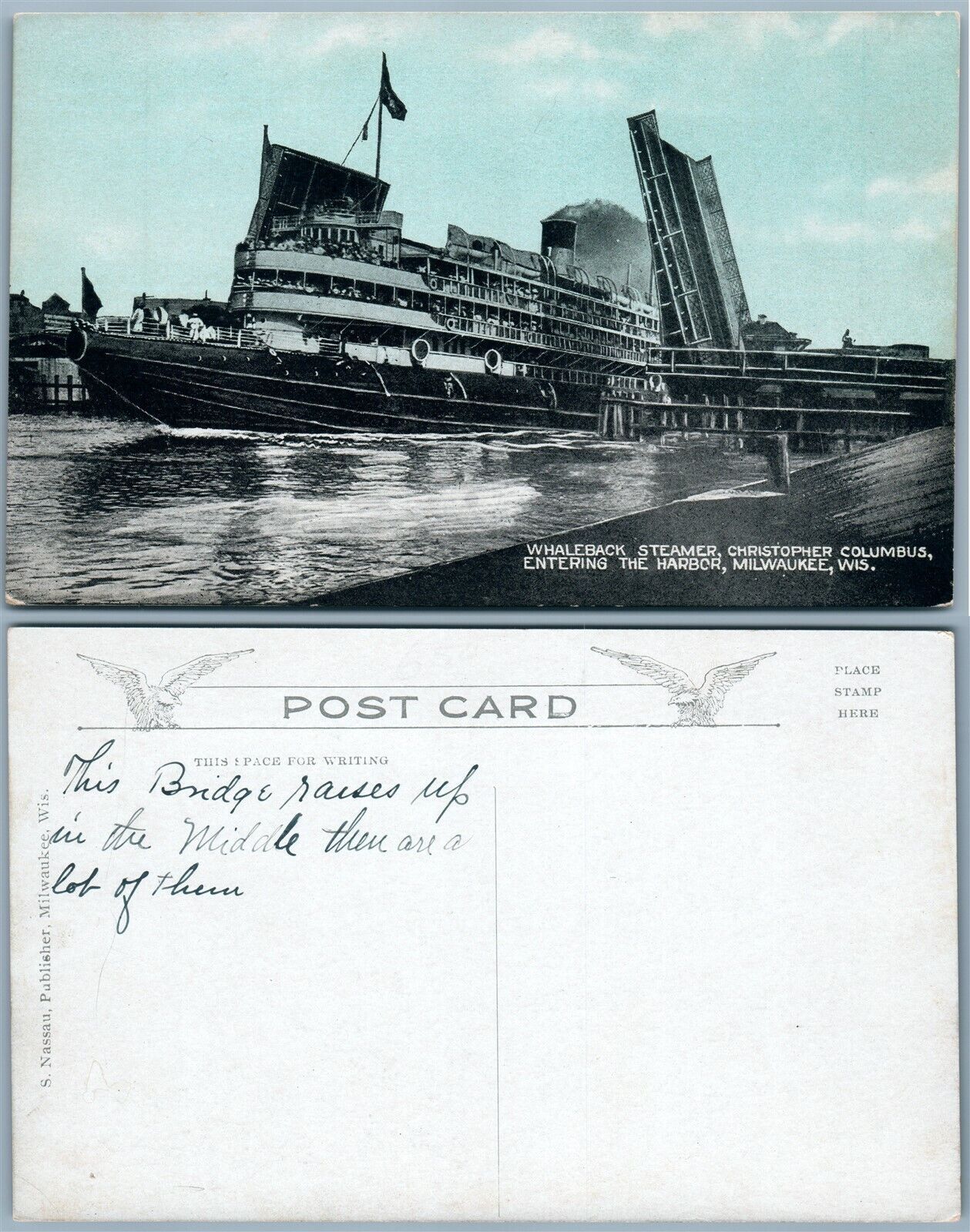 WHALEBACK STEAMER CHRISTOPHER COLUMBUS IN MILWAUKEE WI ANTIQUE POSTCARD