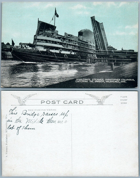 WHALEBACK STEAMER CHRISTOPHER COLUMBUS IN MILWAUKEE WI ANTIQUE POSTCARD