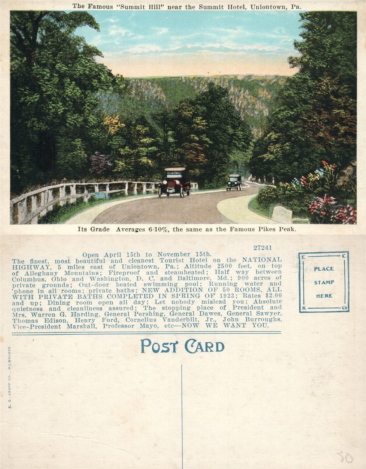 UNIONTOWN PA SUMMIT HILL NEAR SUMMIT HOTEL ANTIQUE POSTCARD