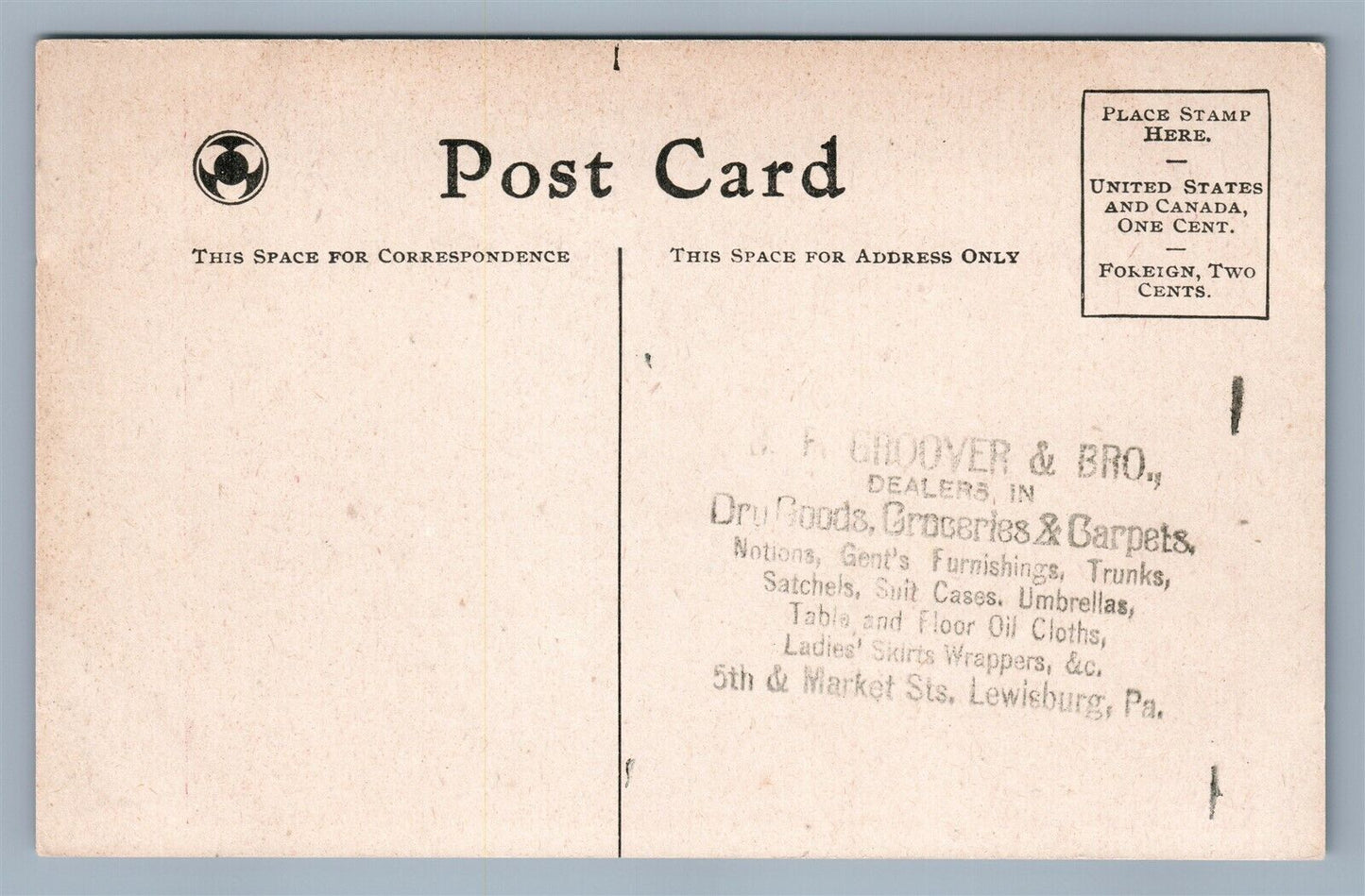 LEWISBURG PA GROOVER & BRO DRY GOOD SHOES DEALER ADVERTISING ANTIQUE POSTCARD