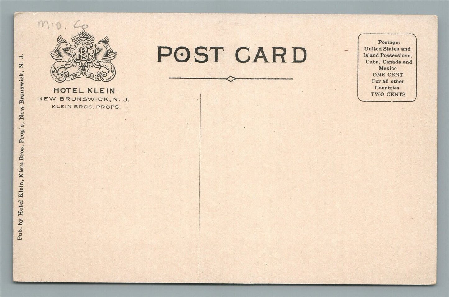 NEW BRUNSWICK NJ HOTEL KLEIN ANTIQUE POSTCARD