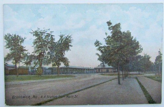 VINTAGE POSTCARD BRUNSWICK ME R.R. STATION FROM MAIN STREET railroad railway