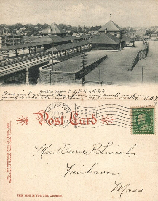 BROCKTON RAILROAD STATION MA N.Y.N.H. & H.R.R ANTIQUE UNDIVIDED POSTCARD railway