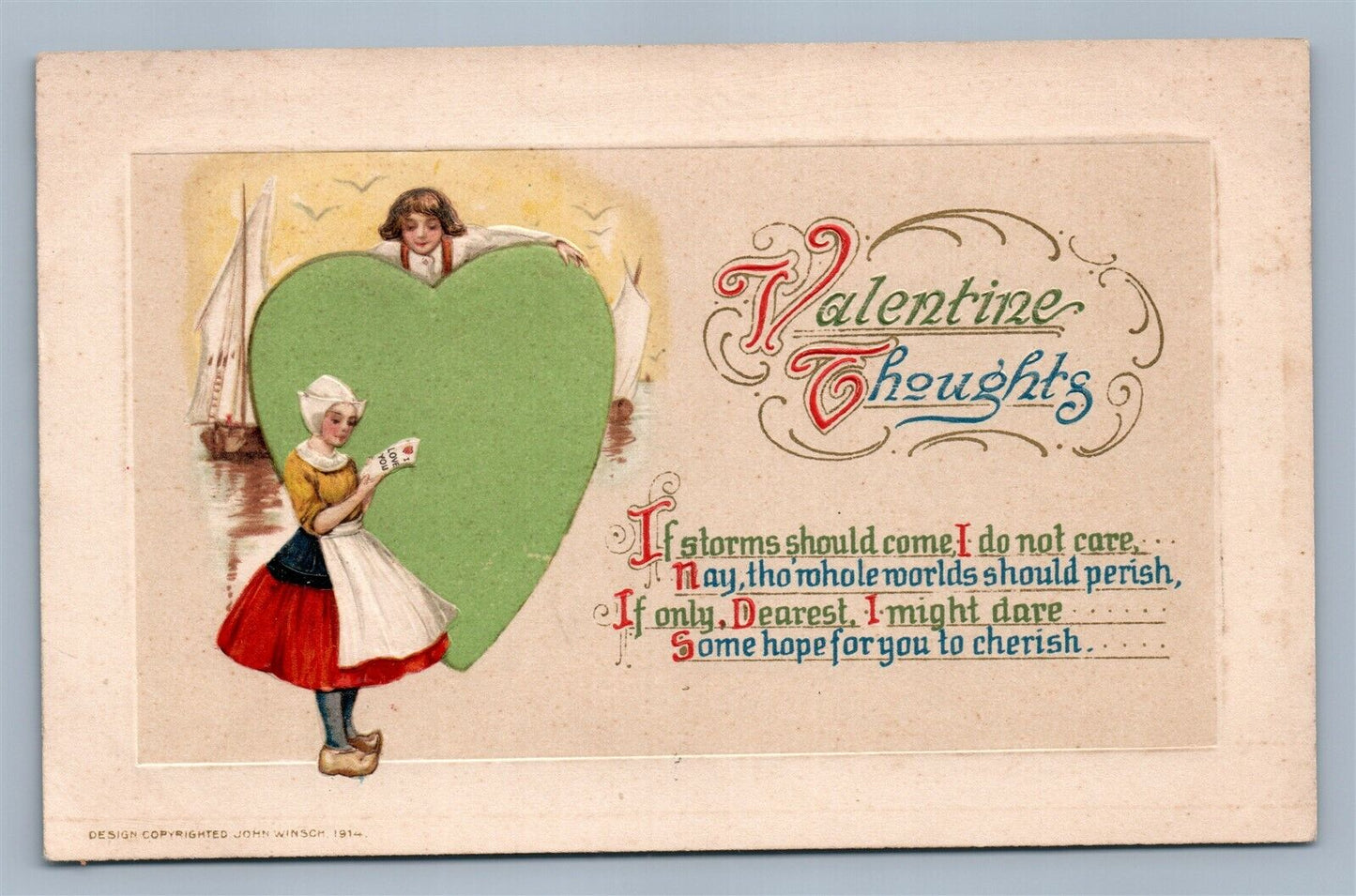 VALENTINE THOUGHTS 1914 EMBOSSED ANTIQUE POSTCARD by JOHN WINSCH DUTCH COUPLE