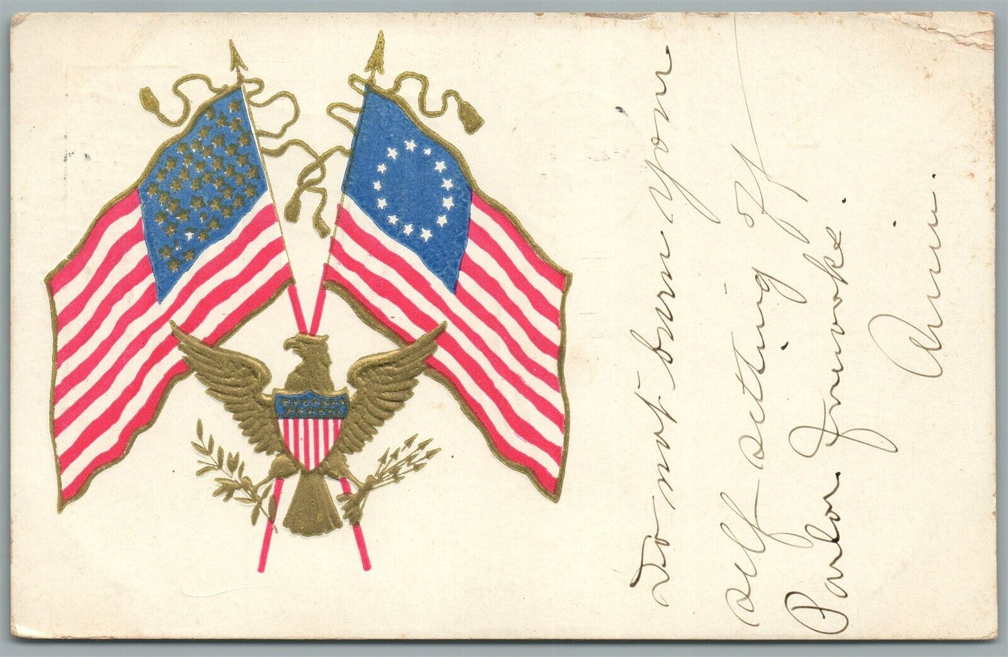 AMERICAN FLAGS & EAGLE PATRIOTIC ANTIQUE POSTCARD