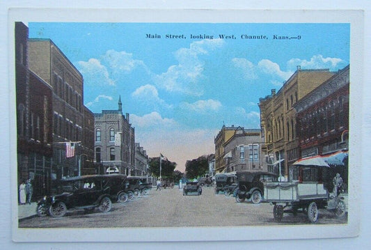 VINTAGE POSTCARD - MAIN STREET SCENE LOOKING WEST CHANUTE KANSAS