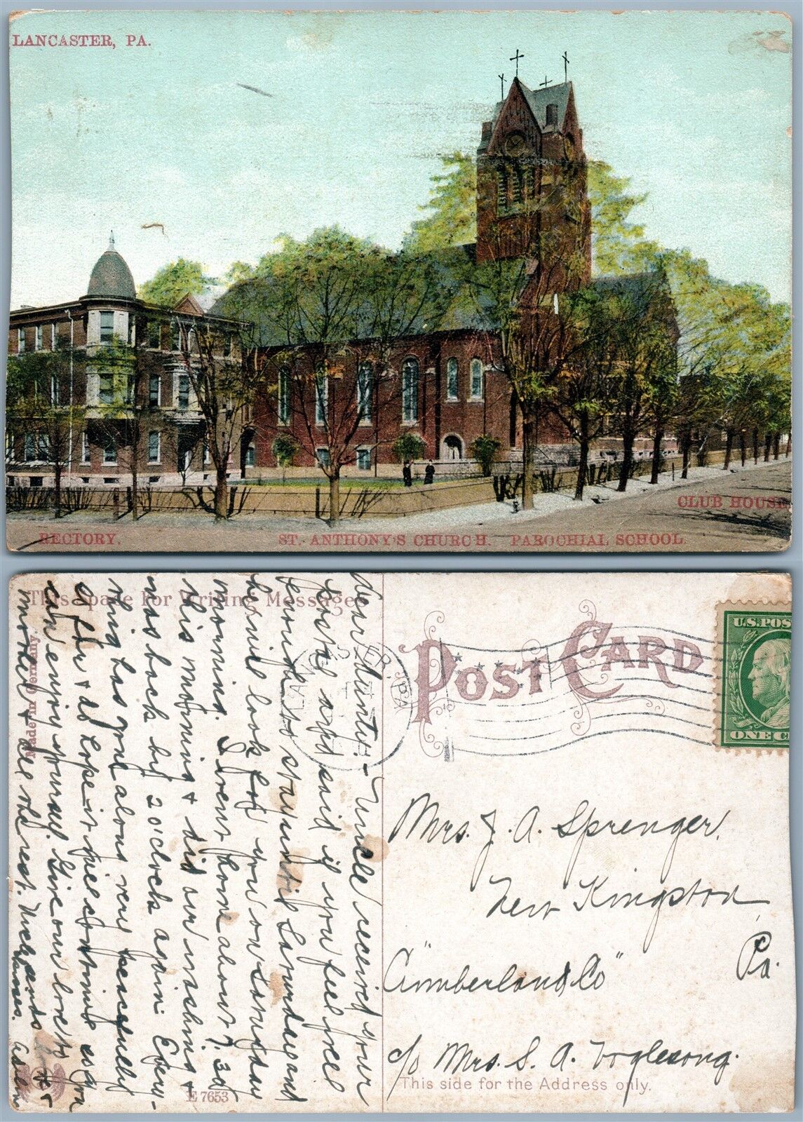 LANCASTER PA ST. ANTHONY'S CHURCH SCHOOL CLUB HOUSE ANTIQUE POSTCARD