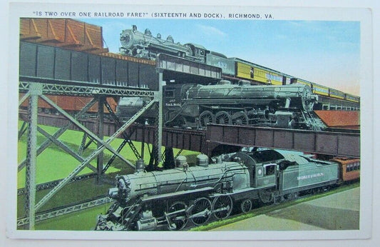 VINTAGE POSTCARD - IS TWO OVER ONE RAILROAD FARE? RICHMOND VA railway train
