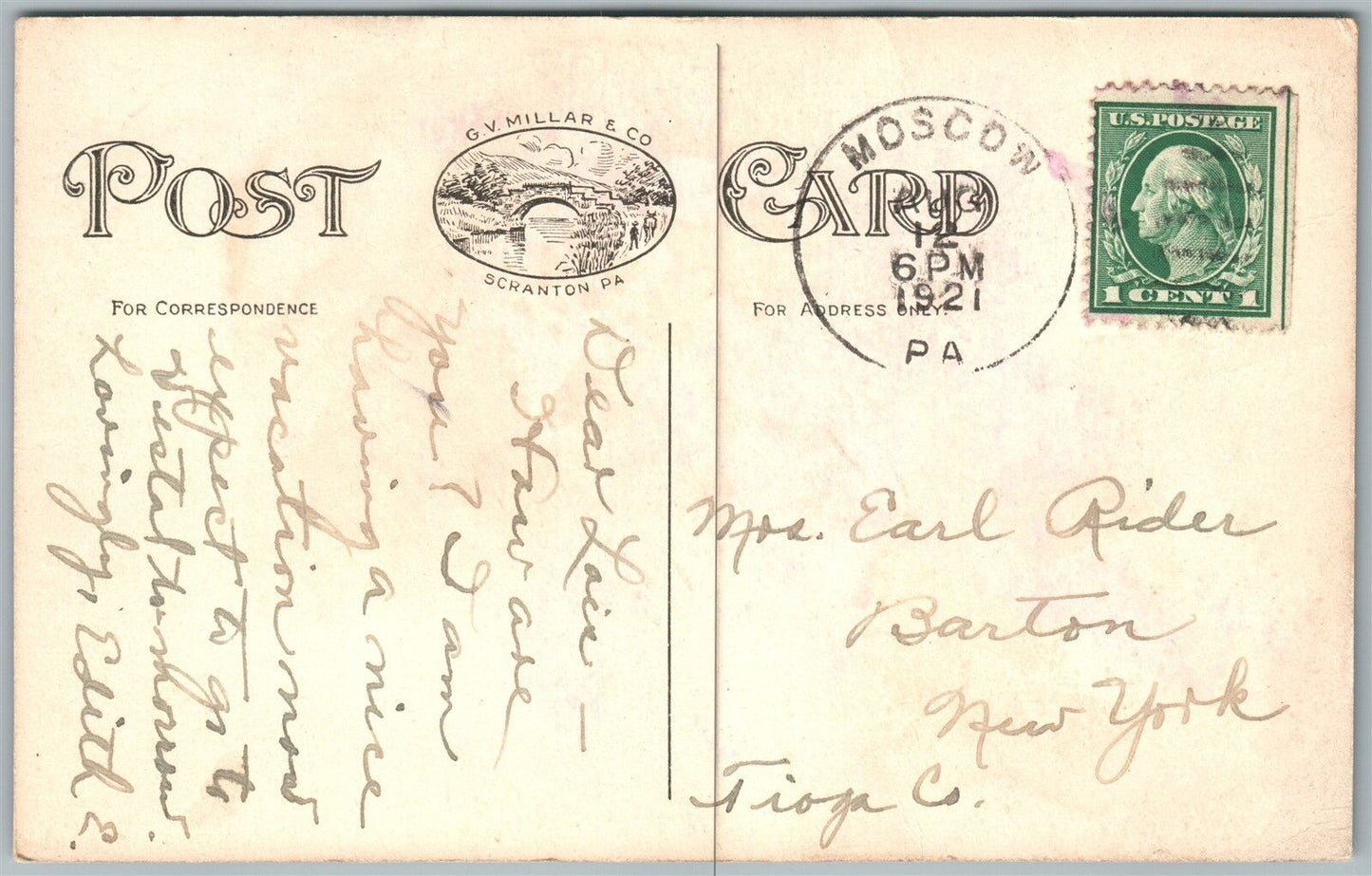 MOSCOW PA MAIN STREET 1921 ANTIQUE POSTCARD