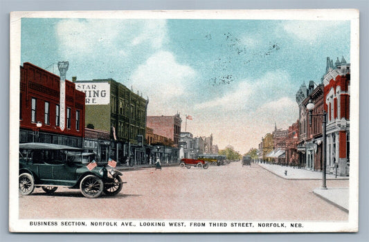 NORFOLK NE NORFOLK AVENUE BUSINESS SECTION 1921 ANTIQUE POSTCARD