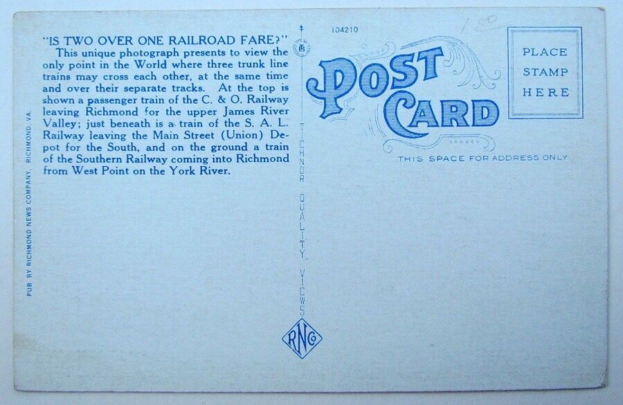 VINTAGE POSTCARD - IS TWO OVER ONE RAILROAD FARE? RICHMOND VA railway train