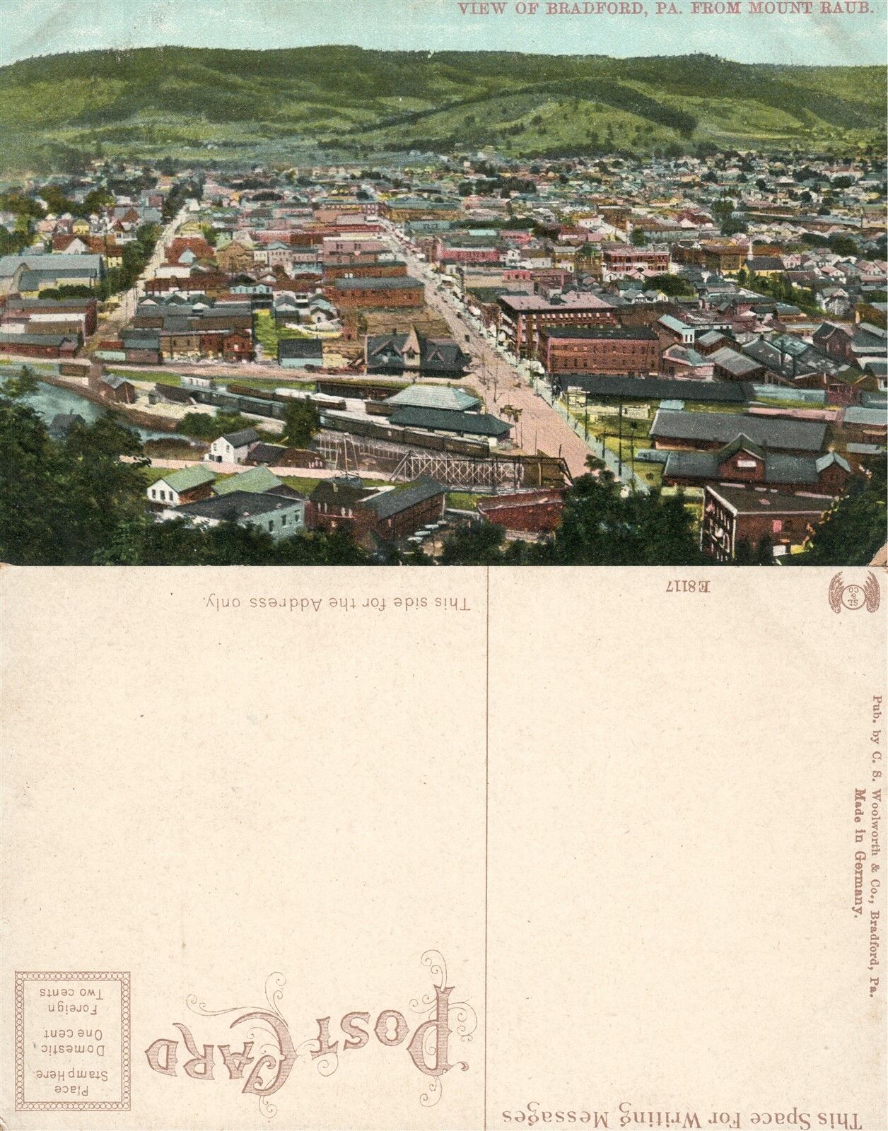 BRADFORD PA BIRD'S EYE VIEW FROM MT.RAUB ANTIQUE POSTCARD