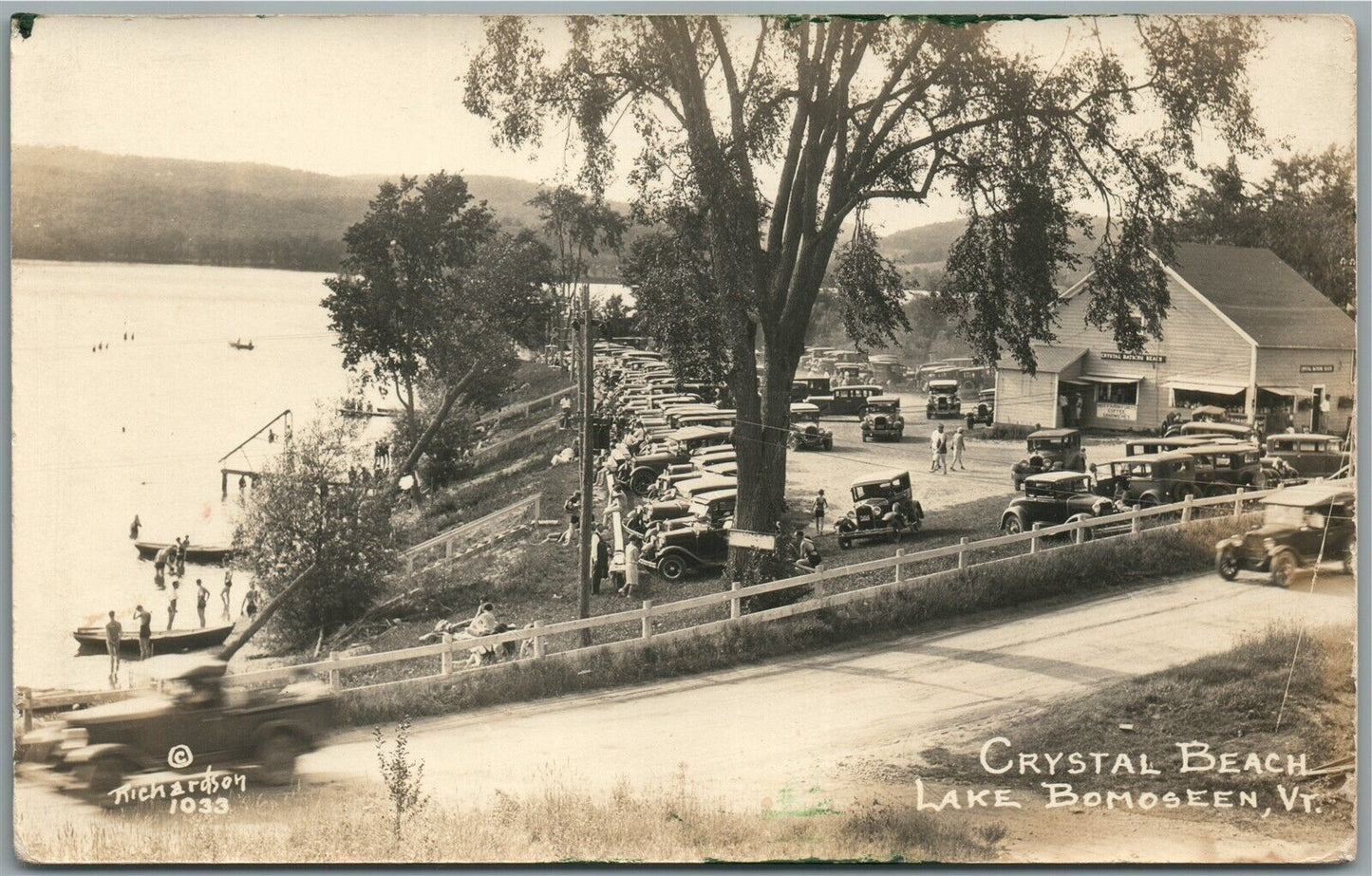 LAKE BOMOSEEN VT CRYSTAL BEACH CAR PARKING CAFE ANTIQUE REAL PHOTO POSTCARD RPPC