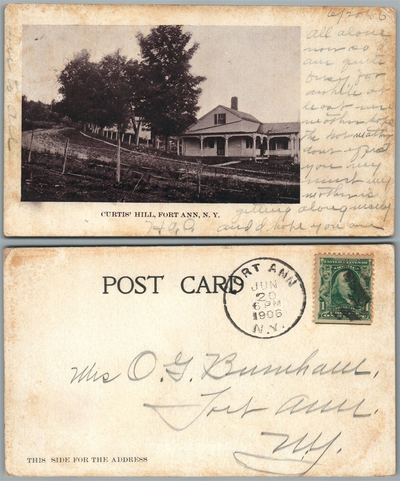 FORT ANN N.Y. CURTIS HILL ANTIQUE 1906 UNDIVIDED POSTCARD
