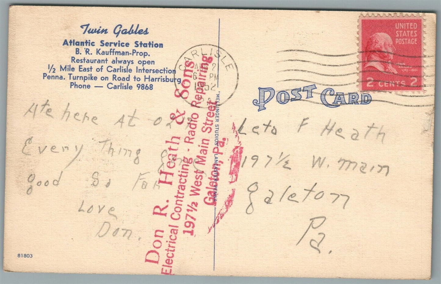 ATLANTIC GAS STATION GALETON PA ELECTRICAL RADIO ADVERTISING VINTAGE POSTCARD
