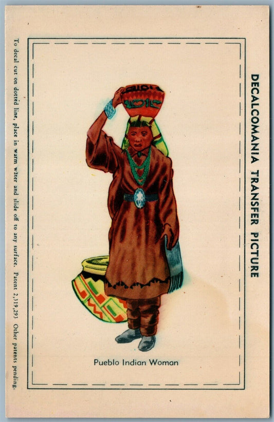 PUEBLO INDIAN WOMAN DECALCOMANIA TRANSFER PICTURE ANTIQUE POSTCARD