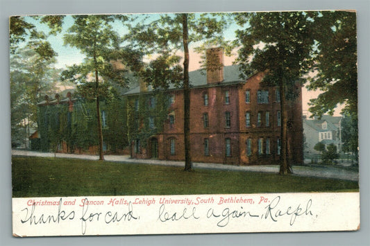 SOUTH BETHLEHEM PA LEHIGH UNIVERSITY CHRISTMAS & SANCON HALLS ANTIQUE POSTCARD