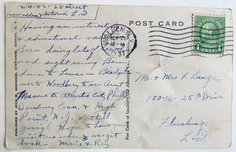 VINTAGE 1931 POSTCARD BULL STONE HOUSE BUILT by WM.BULL 1722 NEAR GOSHEN N.Y.