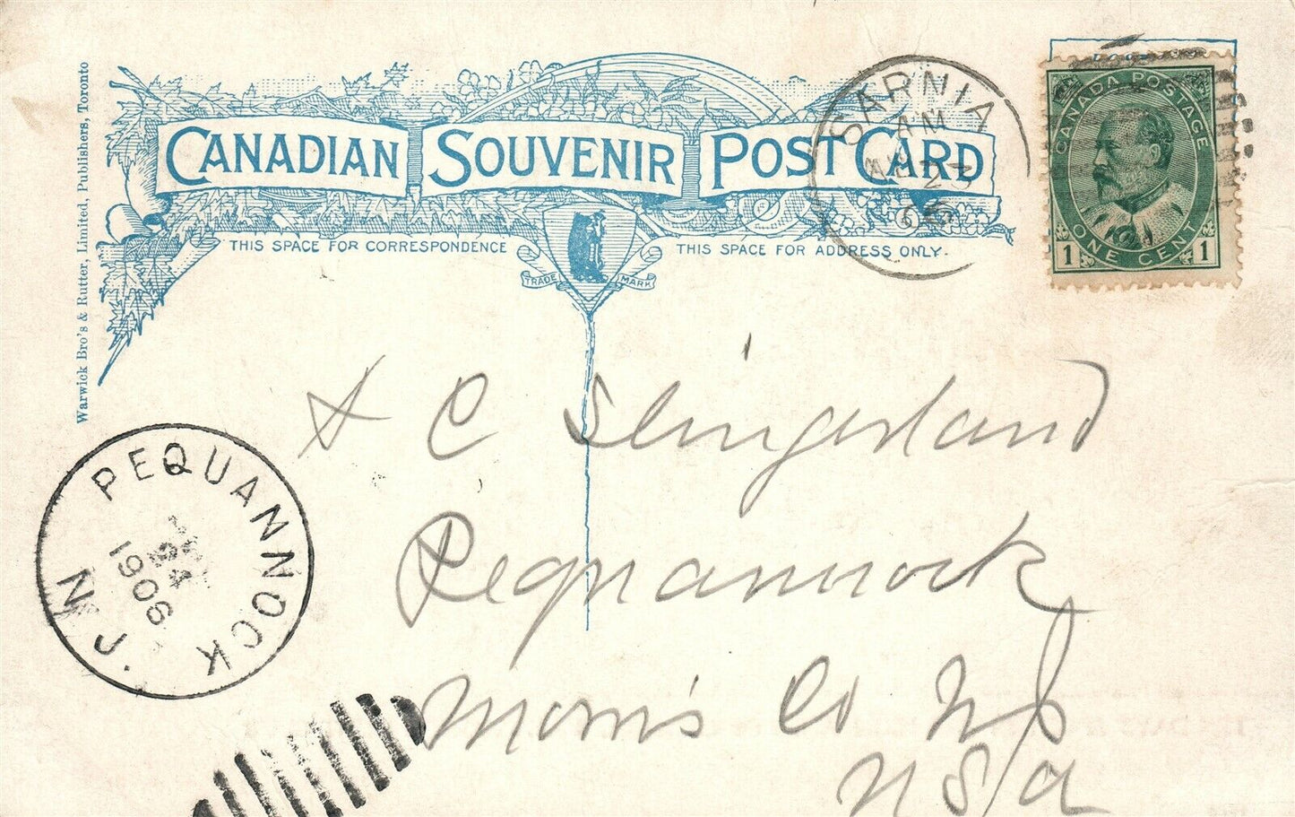 WAHWASKESH HUNTING CLUB CANADA 1906 ANTIQUE POSTCARD w/CORK CANCEL