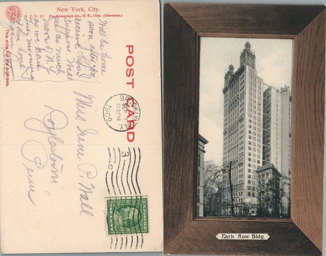 PARK ROW BUILDING NEW YORK CITY N.Y. UNDIVIDED 1909 CANCEL ANTIQUE POSTCARD