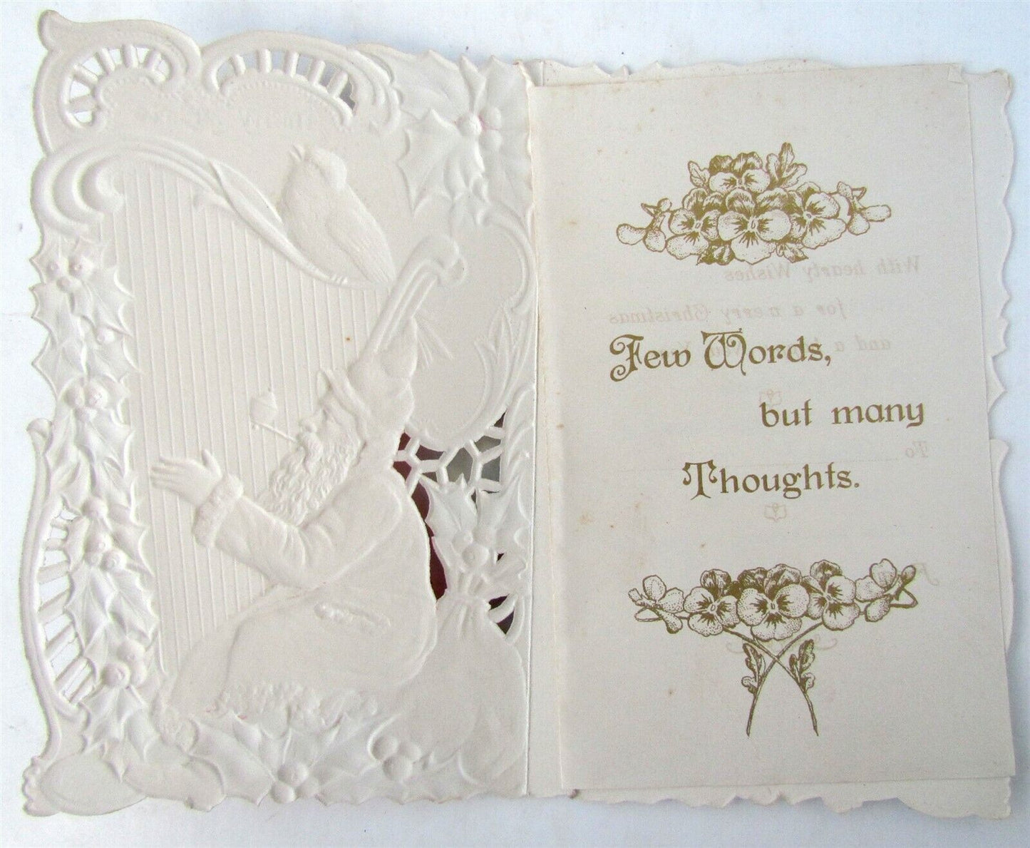 SANTA PLAYING HARP EMBOSSED ANTIQUE MERRY CHRISTMAS POSTCARD