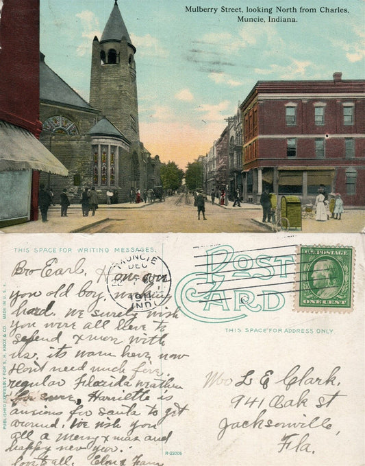 MUNCIE IN MULBERRY STREET ANTIQUE 1911 POSTCARD