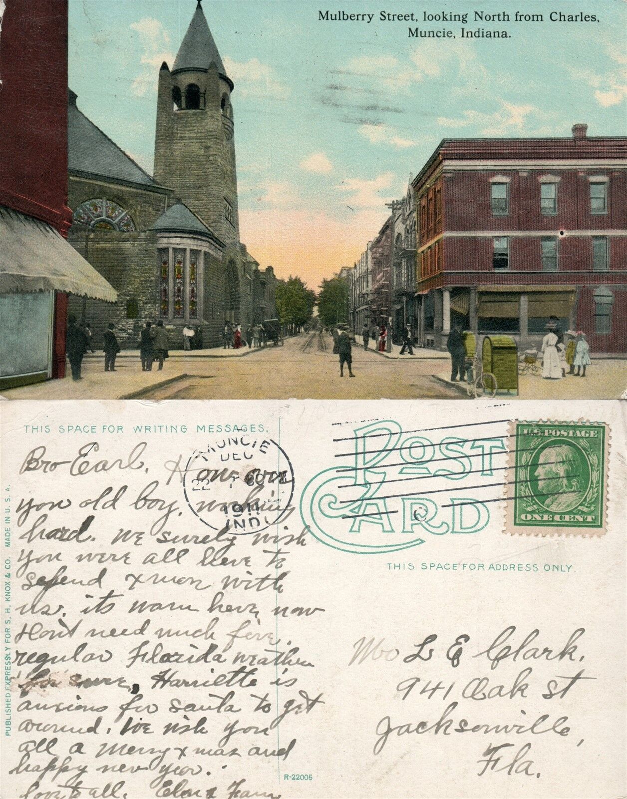 MUNCIE IN MULBERRY STREET ANTIQUE 1911 POSTCARD